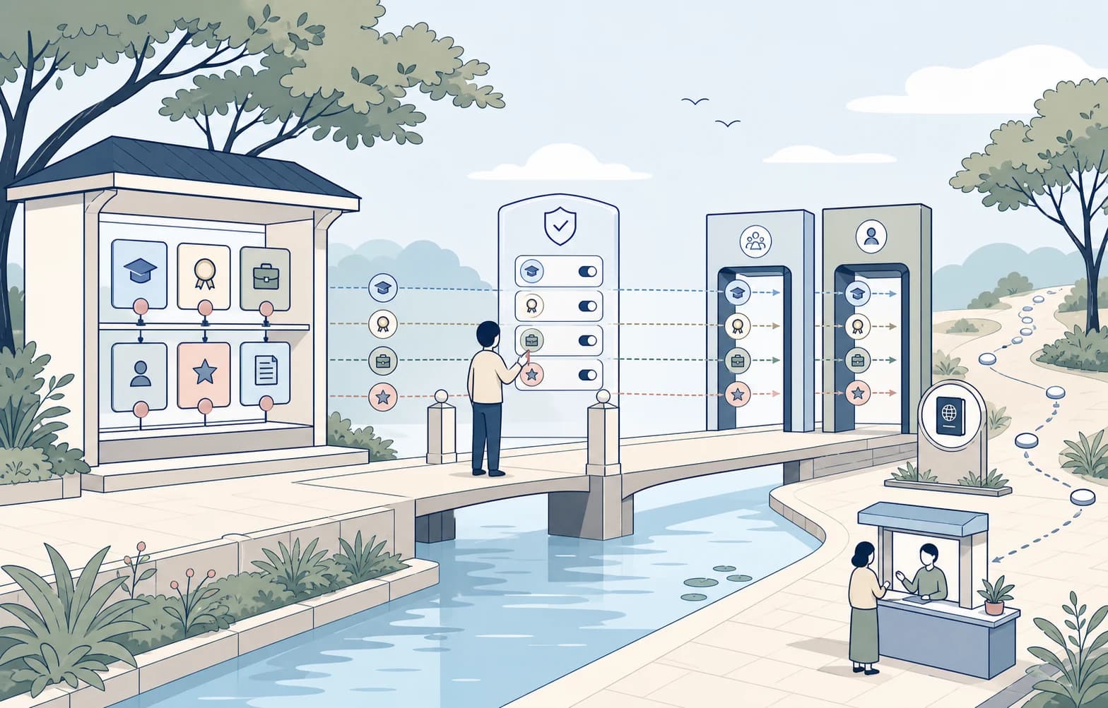 A citizen approves selected credentials before they cross to fictional recruitment systems.